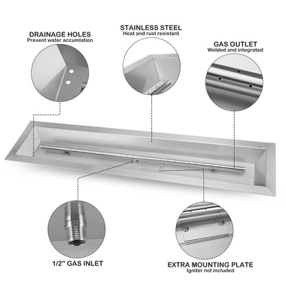 Stanbroil 30 x 6 Inch Linear Drop-in Fire Pit with Spark Ignition Kits, 304 Stainless Steel Gas Firepit for Outside DIY Firepit - Propane Gas Version