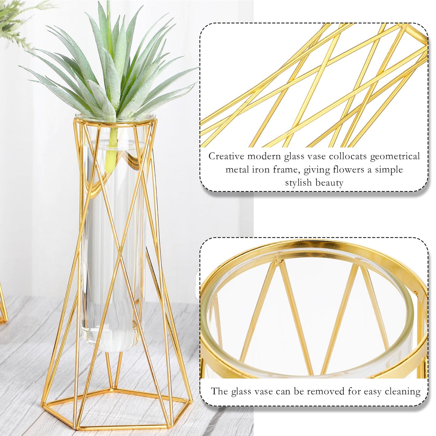 Dandat 12 Pcs Gold Geometric Vase for Centerpieces Glass Vase with Metal Stand Hydroponic Plant Flower Vase Modern Vase for Wedding Home Office Centerpiece Decor (8.7 Inch)