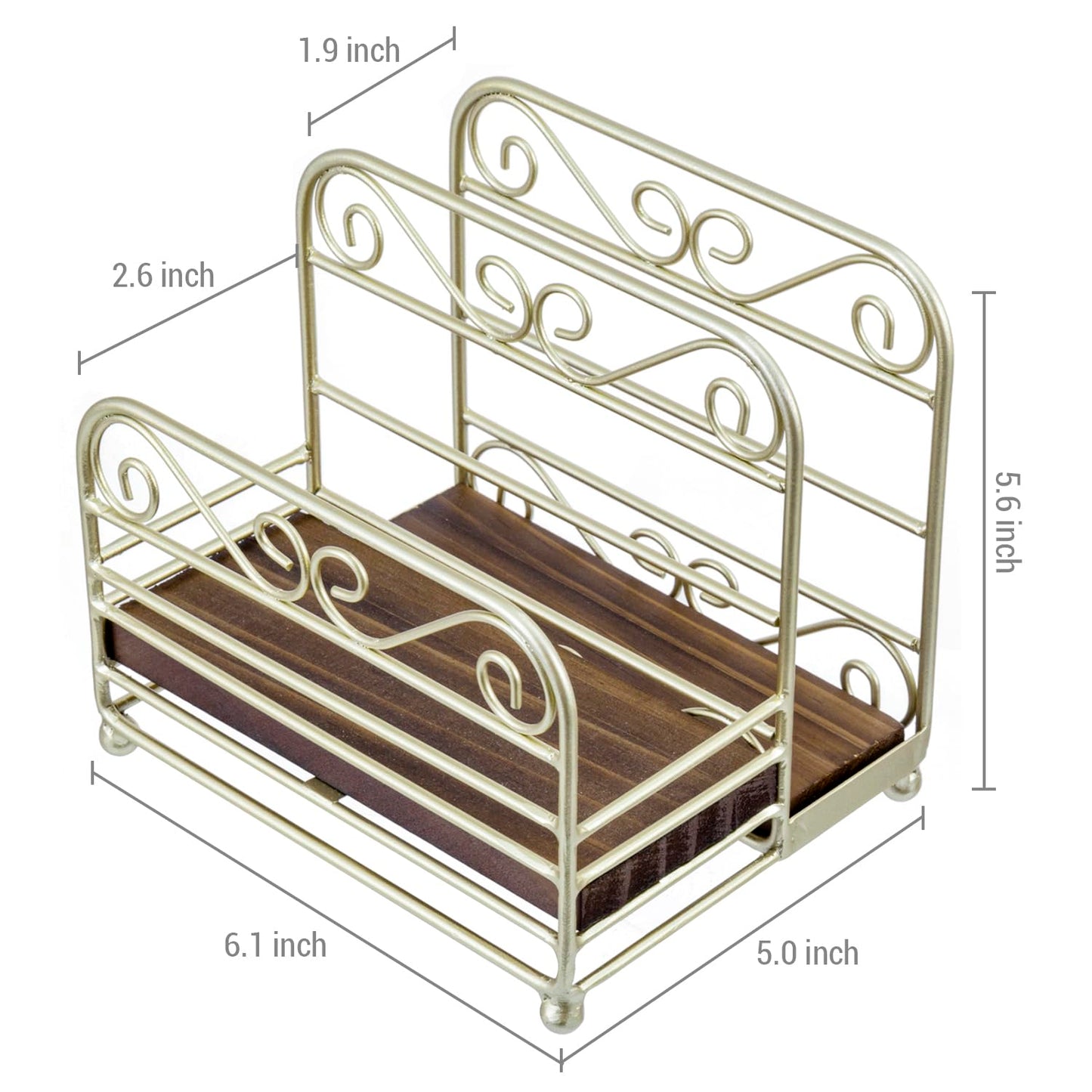 MyGift 2-in-1 Disposable Napkin and Salt & Pepper Caddy, Brass Tone Metal Vintage Scrollwork Dinner Table Paper Towel Condiment Holder with Rustic Burnt Solid Wood Base