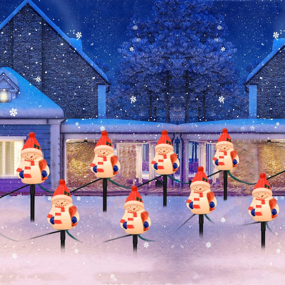 Christmas Snowman Pathway Stakes Lights 7Ft C7 Outdoor Landscape String Light with 4 Snowman Driveway Markers(E12 Base 5w) for Patio Yard Garden Lawn Decoration 1 Pack, White