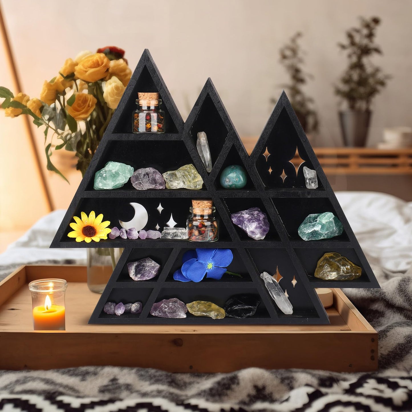 KOYILTD Gothic Decor Unique Trinket Shelf Wooden Crystal Display Shelf Gothic Bedroom Decor Witchy Wall Decoration Spiritual Gift for Home Living Room (1, Triangle)