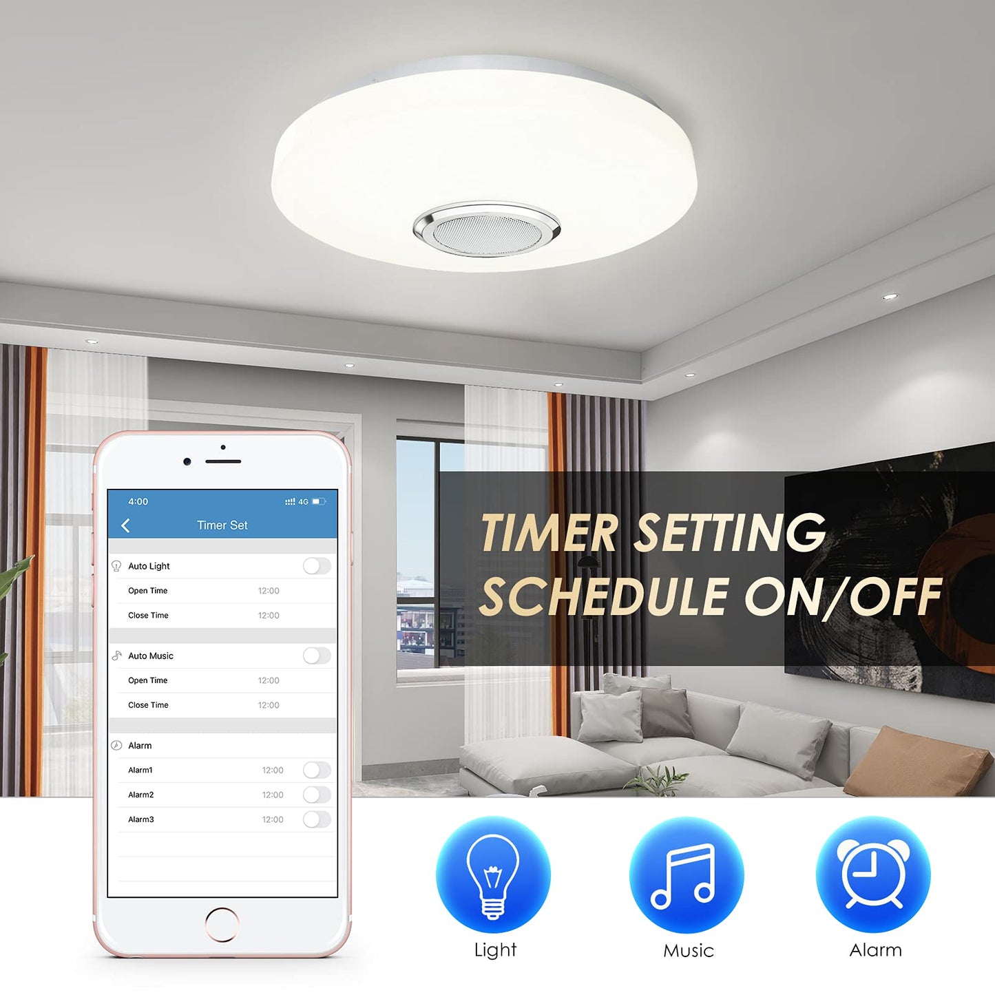 RGB LED Ceiling Light with Bluetooth Speaker 36W, High Sound Quality ,Cool/Warm White Colour Changing lamp with Remote Control and App,Waterproof Lamp for Bedroom Bathroom Ø30cm