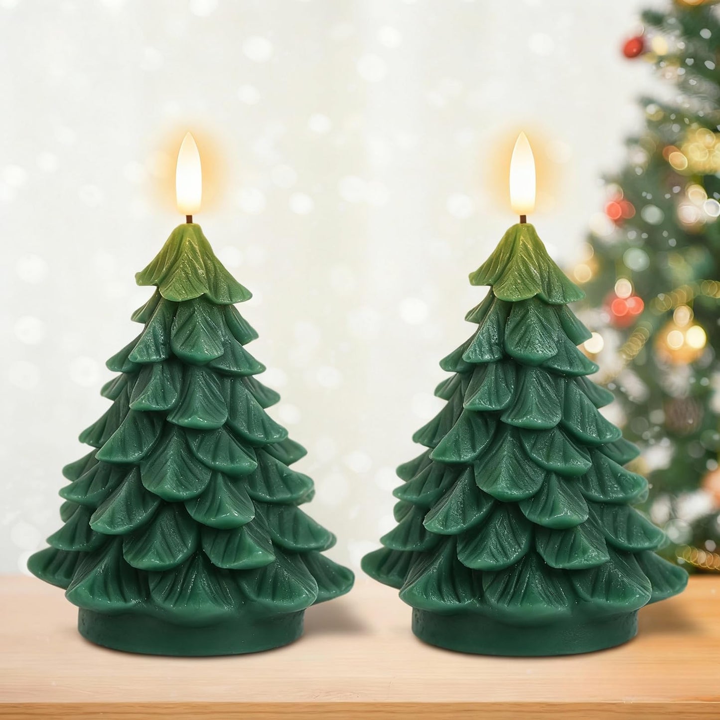 DRomance Christmas Tree Flameless Candles Battery Operated with 6 Hour Timer, 2 Pack Green Real Wax Lifelike Leaves 3D Wick LED Flickering Candles Dinner Party Holiday Indoor Decor(2.76" x 5.9")