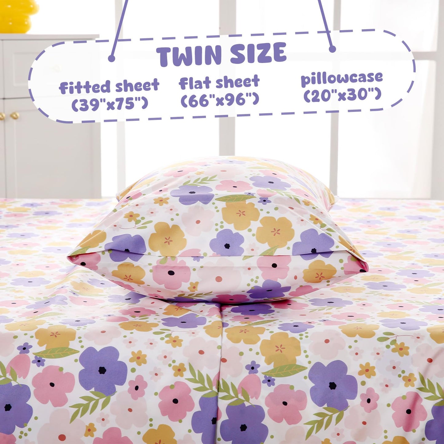 LONAVA Twin Sheet Set Kids - 3 Pieces Soft Microfiber Cartoon Style Bedsheets for Boys Girls Teens, Oeko TEX, Breathable Deep Pocket Sheets, (Flower)