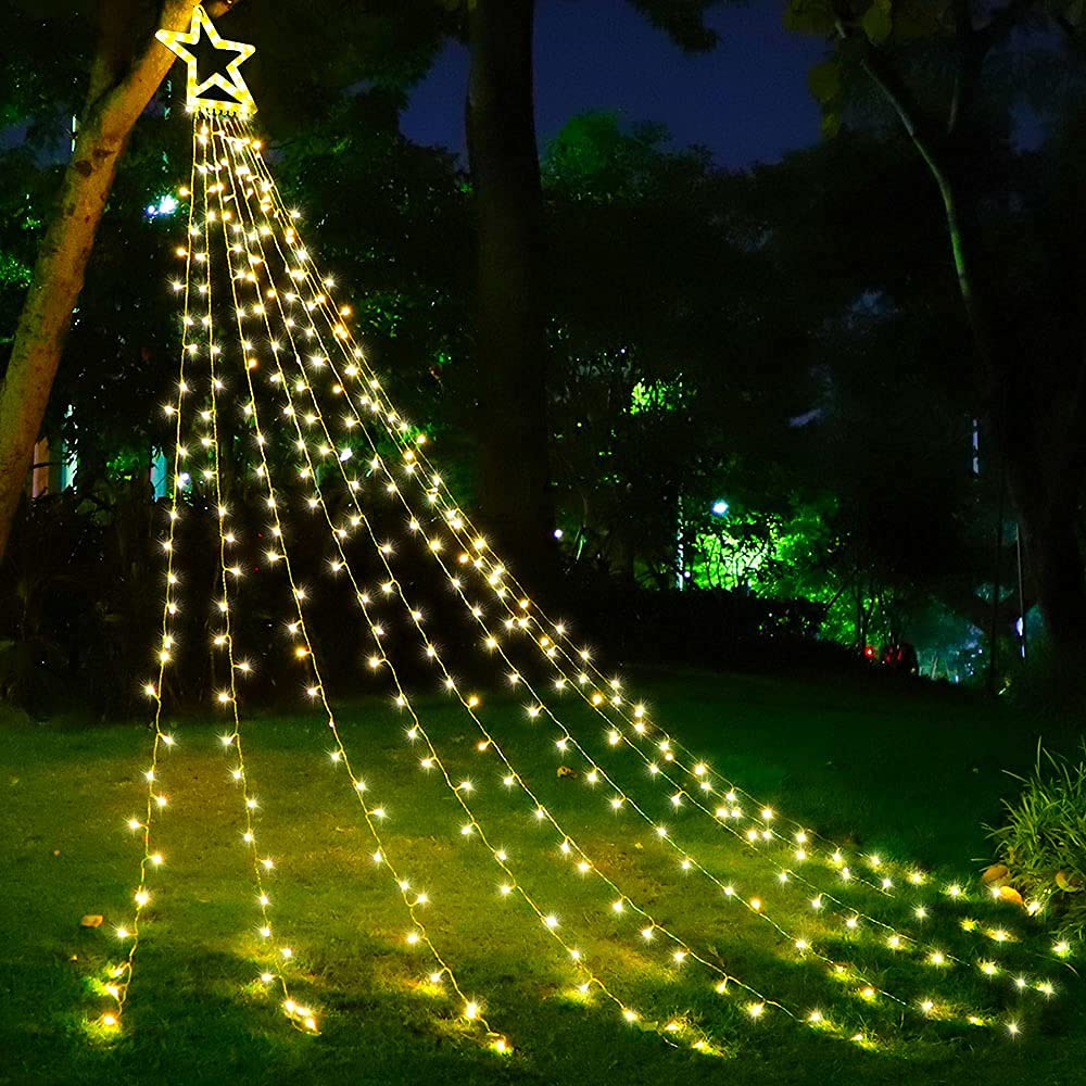 PUHONG Christmas Decoration, Outdoor Star String Lights, Christmas Tree Toppers Lights 320 LED 8 Modes with 12" Lighted Star for Halloween Christmas New Year Holiday Birthday Decor (Warm White)