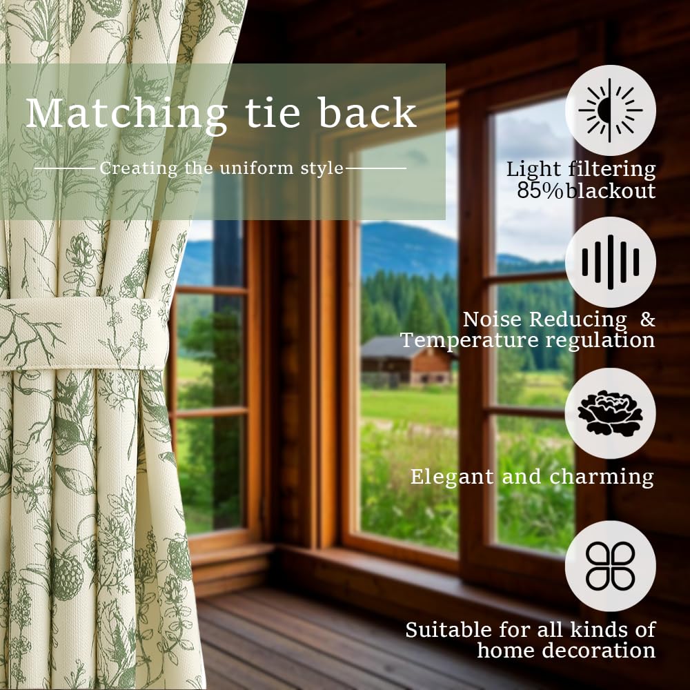 Autum Dream Blackout Curtains 2 Panels Chenille Curtains Drapes for Bedroom Back Tab Rod Pocket Poppy Floral Farmhouse Curtains for Living Room, Patio Doors,Green Floral, 52" W x 96" L