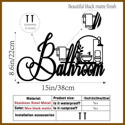 Black Metal Bathroom Wall Decor, Farmhouse Funny Bathroom Sign for Modern Home Hanging Decorations, Metal Bath Art （15 X 8.6in）