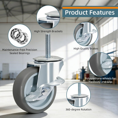 LSWhee 3-inch Threaded-Shaft Casters (Set of 4) with Dual-Lock Brakes; Heavy-Duty TPR Swivel Casters for Wire Racks, Workbenches, Tool Carts, and Storage Racks; 500-pound Load Capacity
