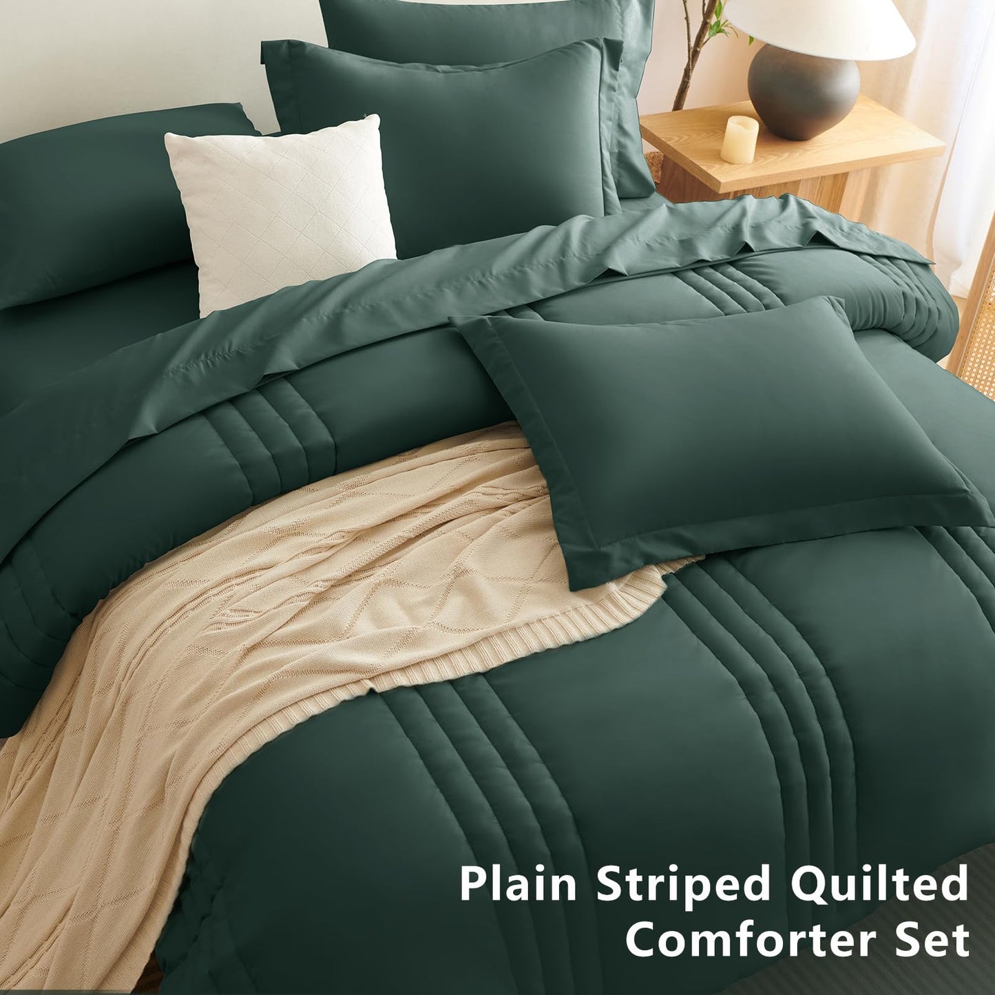 CozyLux King Size Comforter Set Forest Green - 7 Pieces Bed in a Bag, Modern Vertical Quilted Room Decor, Soft All-Season Bedding Gift with Comforter, Sheets, Pillowcases & Shams