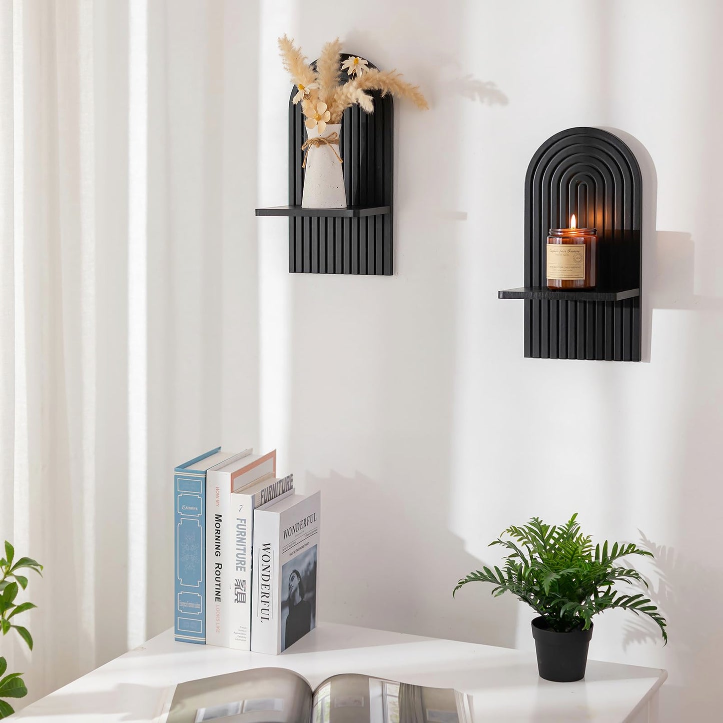 Walasis Black Boho Candle Sconces Decor: Set of 2 Wood Mid-Century Wall Candle Holder for Hallway Fireplace Bedroom - Arch Wall Shelf for Plants Pillars Candles