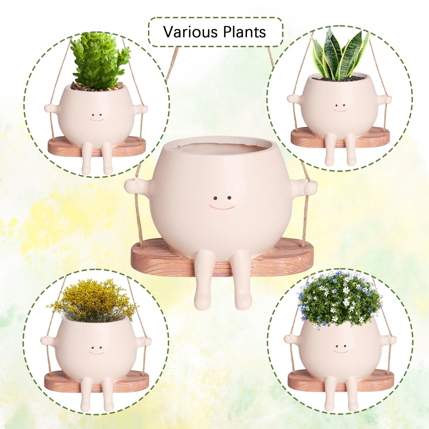 Swing Smily Face Planter Pot Cute Hanging Flower Head Planters for Indoor Outdoor Resin Face Planter Plus Size Succulents Plants Pots for Christmas Mother's Day Planters Gift Ideas