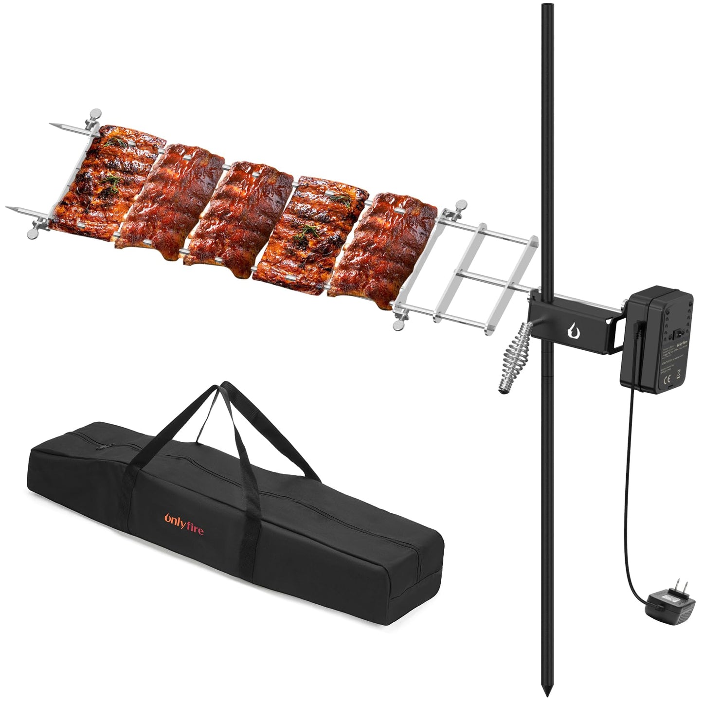onlyfire Rotisserie Grill Kit Adjustable Spit Roaster with Cordless Motor for Outdoor Camping, Fire Pits, Campfires, Charcoal and Gas Grills - Include Power Adapter and Carrying Bag