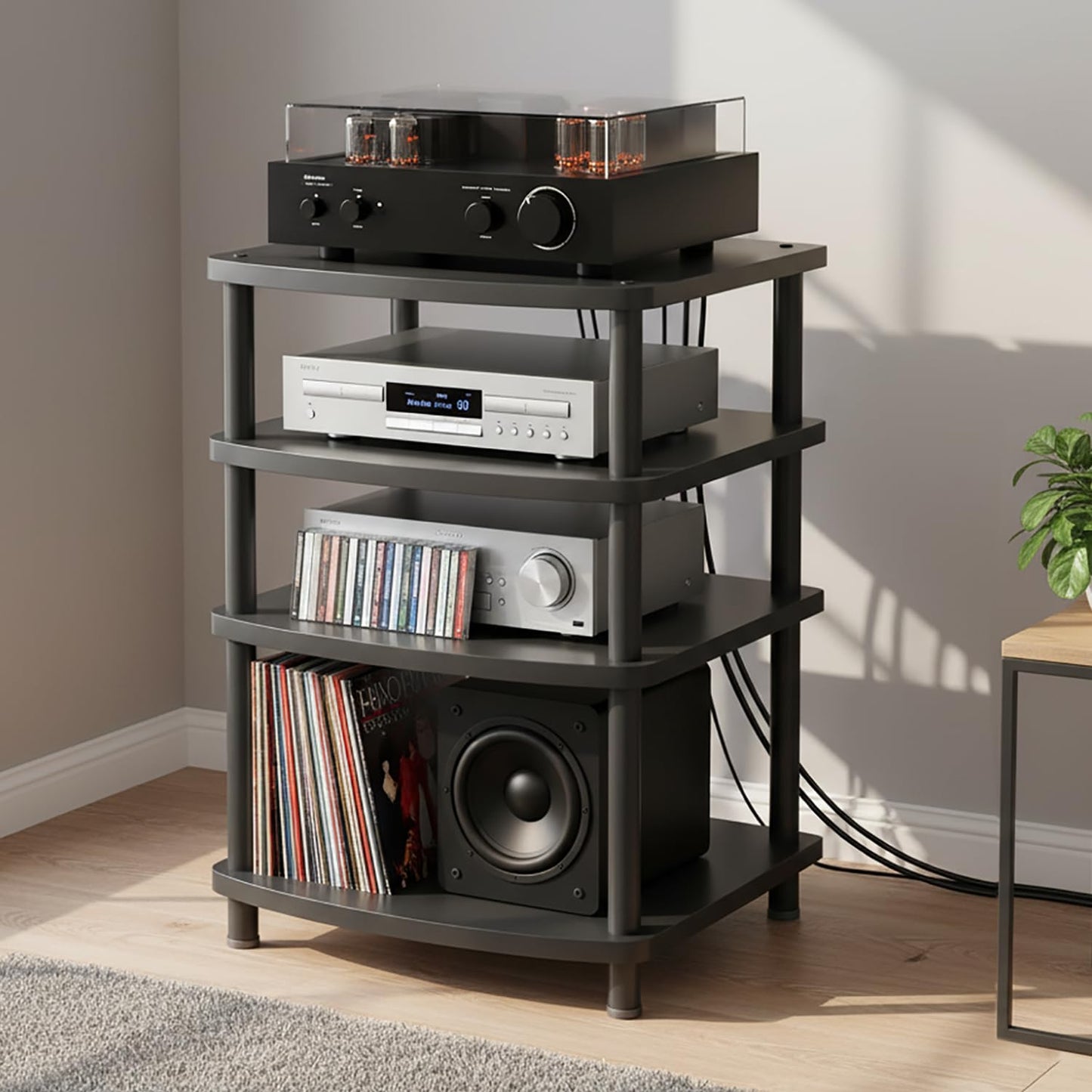 XEOKXOIT 4 Tier AV Media Stand, Audio Rack Tower Adjustable Height, TV Game Console Equipment Shelf, CD Record Player Stereo Component Rack Cabinet for Home Theater Studio (Black)
