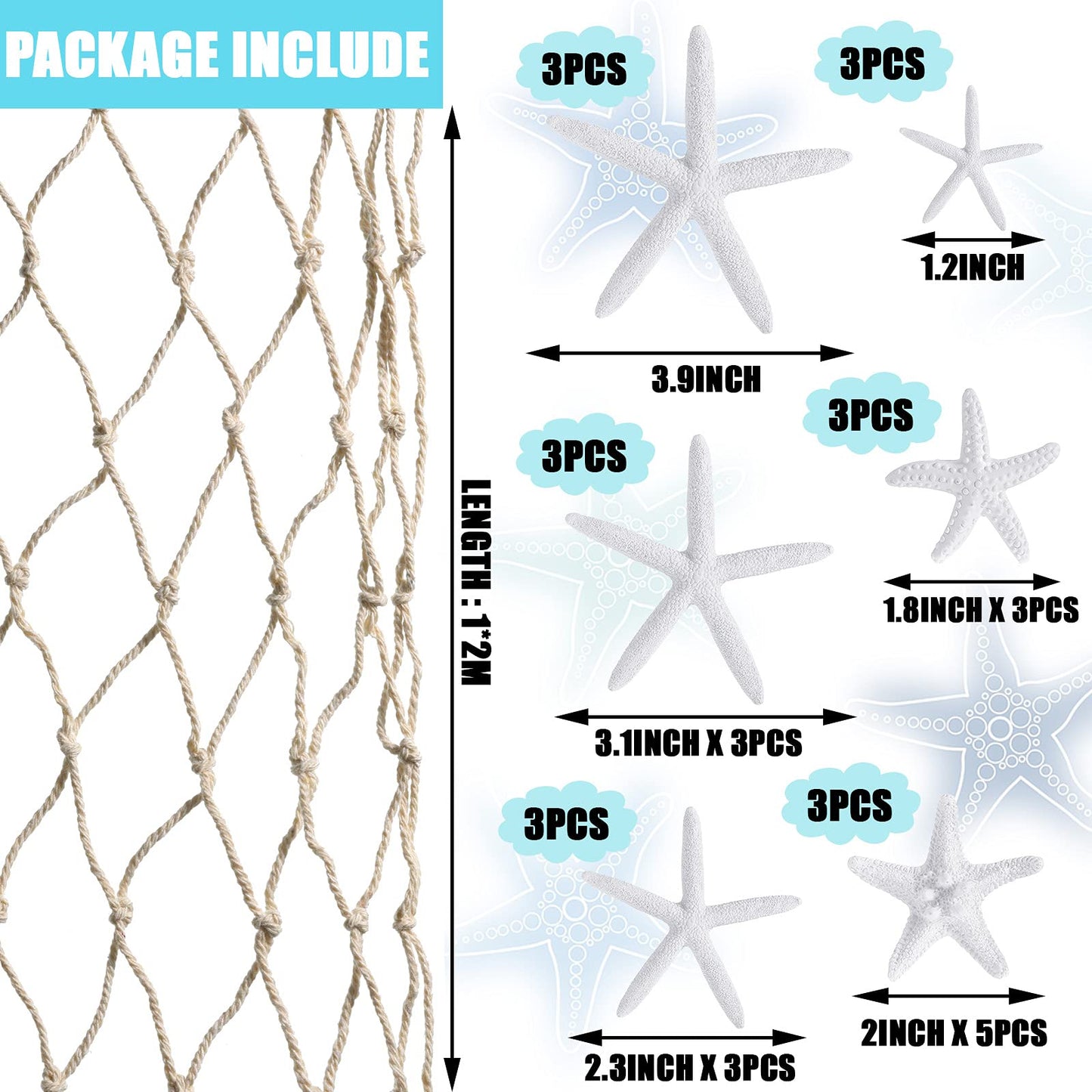 21 Pieces Starfish Ornament Sets Starfish Decor Fish Net Sea Wall Decor Fishnet Nautical Decoration for Crafts Beach Wedding Mermaid Party Under The Sea Party Decorations(White)