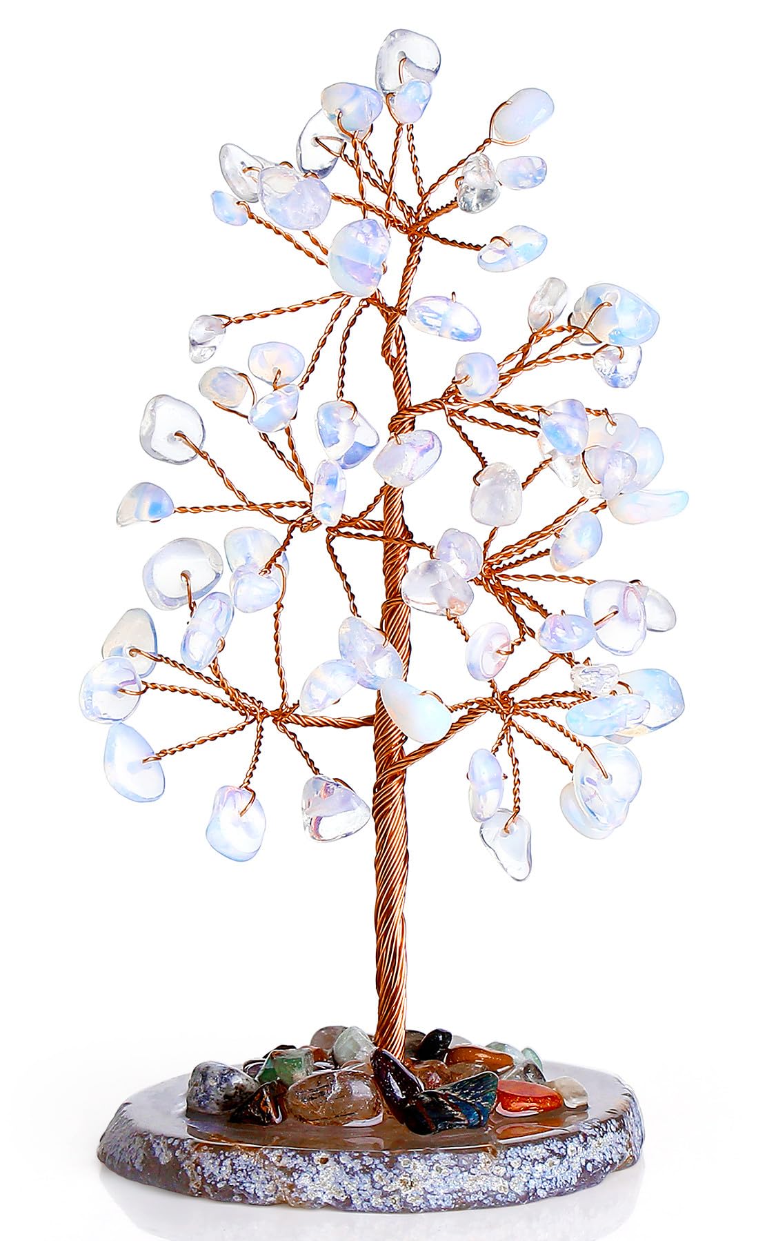 QINJIEJIE Opal Healing Crystals Natural Stone Decor Reiki Gemstone Tree Agate Slice Base Copper Wire Money Tree of Life White Opalite Home Office Decoration Spiritual Luck Gift for Women