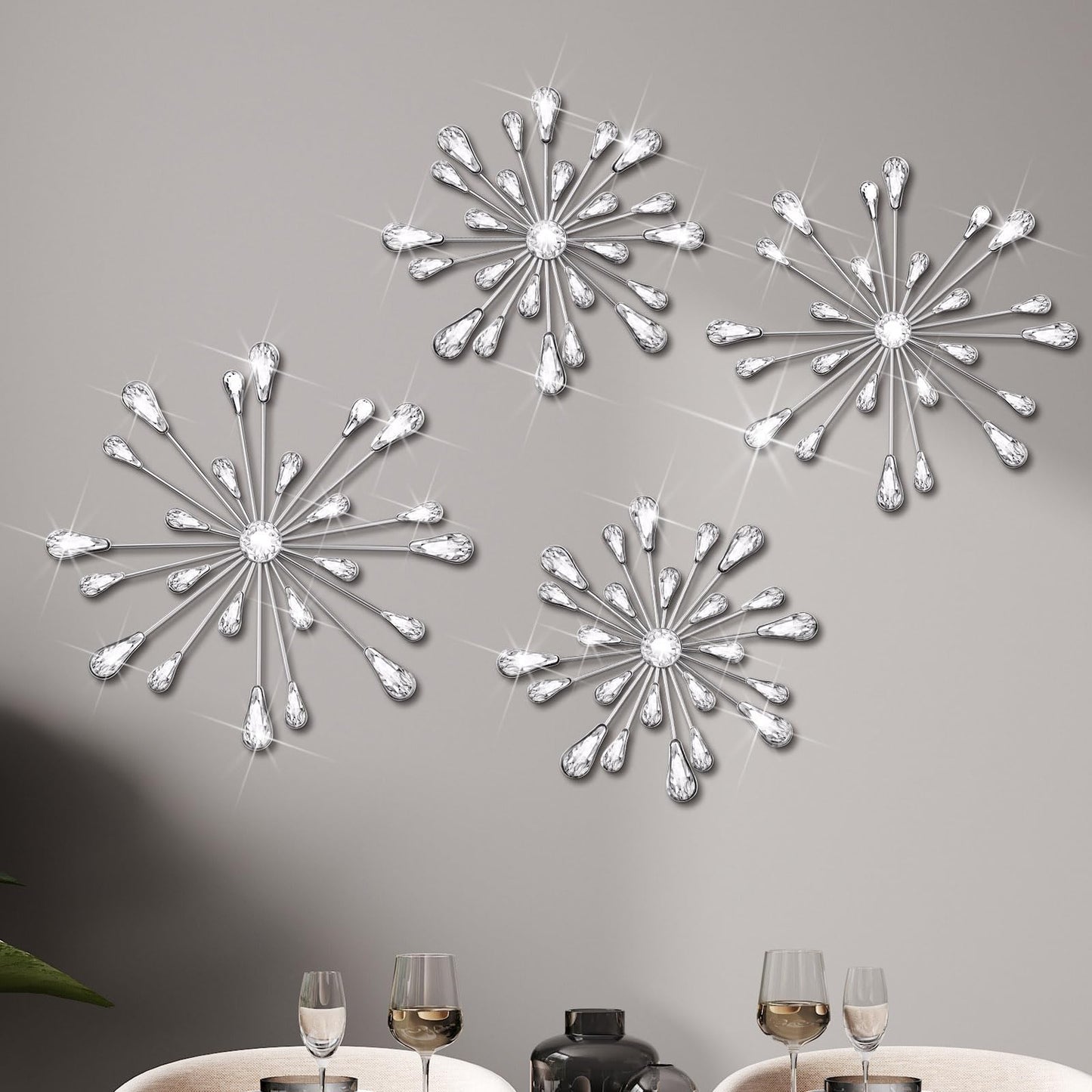Hicarer 4 Pcs Starburst Wall Decor Bling Wall Art Crystal Teardrop 3D Hanging Rhinestone Radial Metal Artwork Modern Accent Sculptures Decorations for Living Room Home Office Bedroom(Silver)