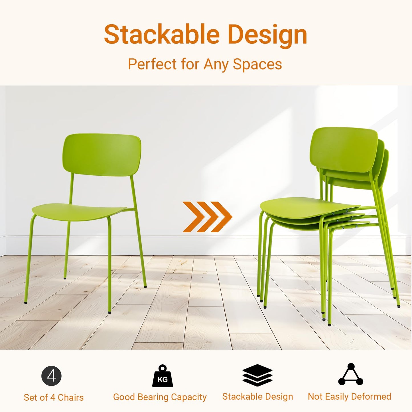 Sidanli Stackable Chairs Set of 4, Metal Waiting Room Chairs with Plastic Seat, Capacity 300lbs, Stacking Chairs for Office Conference Break Room Lobby, Green