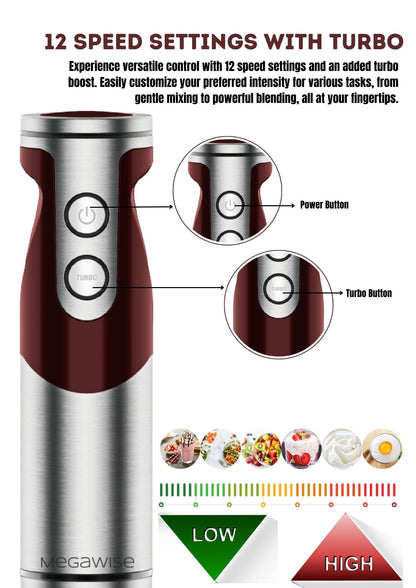 MegaWise Pro Titanium Reinforced 3-in-1 Immersion Corded Hand Blender, Powerful MOTOR with 80% Sharper Blades, 12-Speed Corded Blender, IncludingWhisk and Milk Frother (3-in 1 Red)
