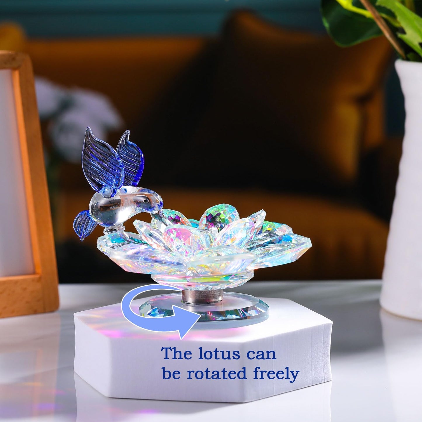 Movdyka Crystal Figurine Lotus Flower Decor Blue Hummingbird