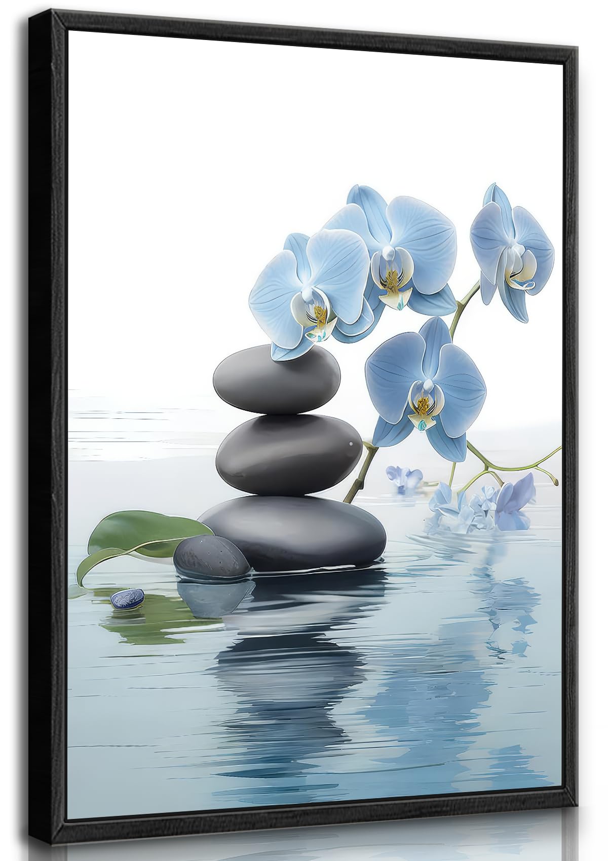 Framed Zen Canvas Wall Art Spa Stone and Elegant Blue Orchid Flower Spiritual Painting Pictures Wall Decor Poster Print Artwork for Bathroom Office Yoga Room Spa Room Meditation Room Decoration