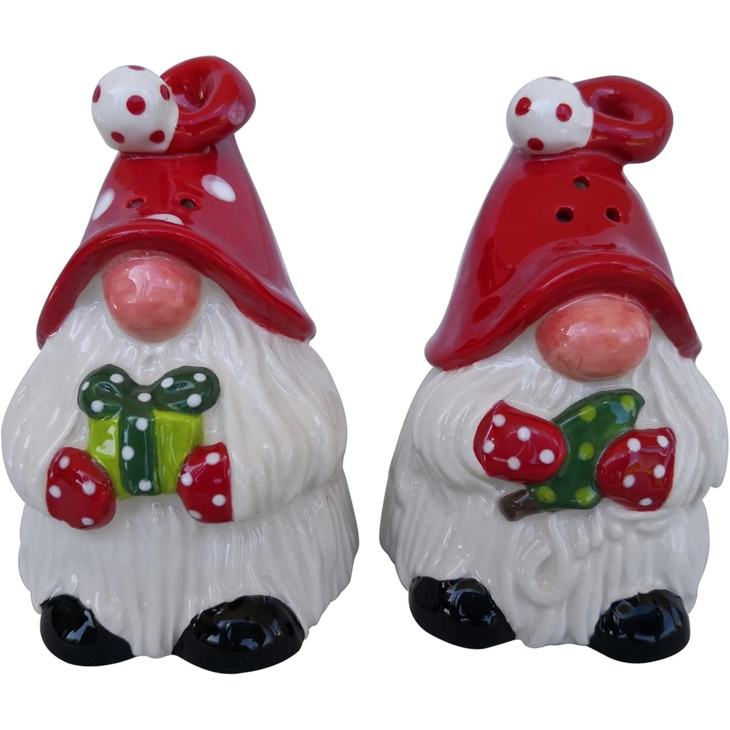 Blue Sky Clayworks Gnome Salt & Pepper Shaker Set, Ceramic, 2" Height, Polka-Dot Caps & Toadstool Cheer