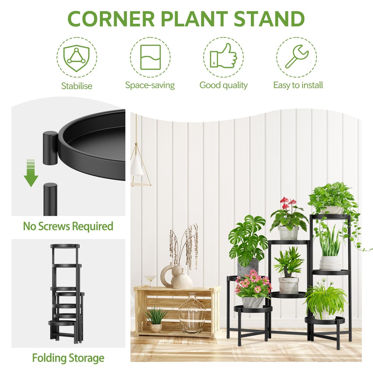 iDavosic.ly 7 Tier Large Plant Stand Indoor with 10 Inch Wide Tray, Tiered Corner Metal Outdoor Flower Display Holder Shelf, Folding Tall Rack for Patio Porch Living Room, Modern Black