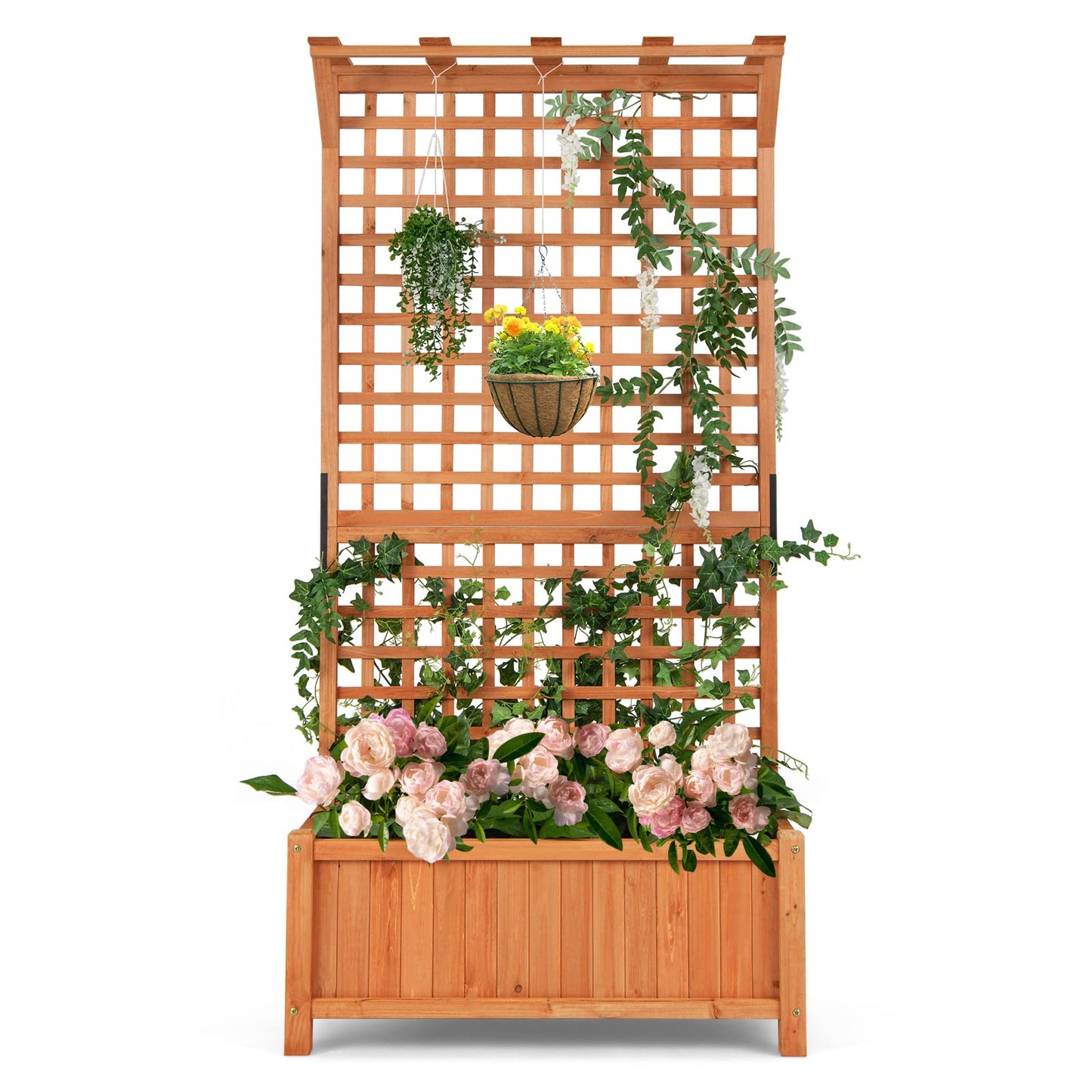 S AFSTAR Raised Garden Bed with Trellis, Wood Elevated Planter Box with Hanging Roof & Climbing Trellis, 4 Drainage Holes, 72.5" Tall Freestanding Planter Container for Vine Climbing Plants Flowers
