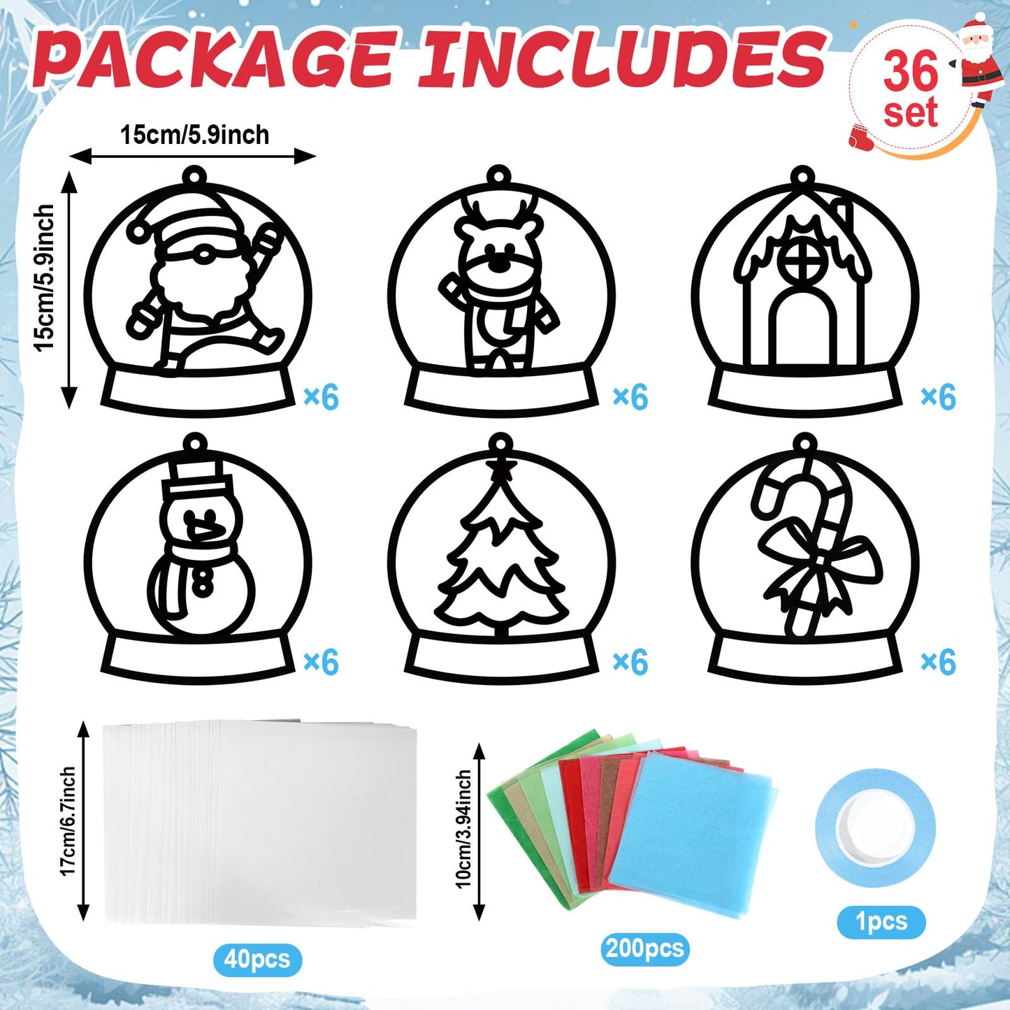 Qyeahkj 36 Set Winter Christmas Suncatchers Craft Kit for DIY Santa Snowman Reindeer Globe Tissue Paper Craft Kit Hanging Decor for Xmas Home Activity Art Project Birthday Party Favor Gift