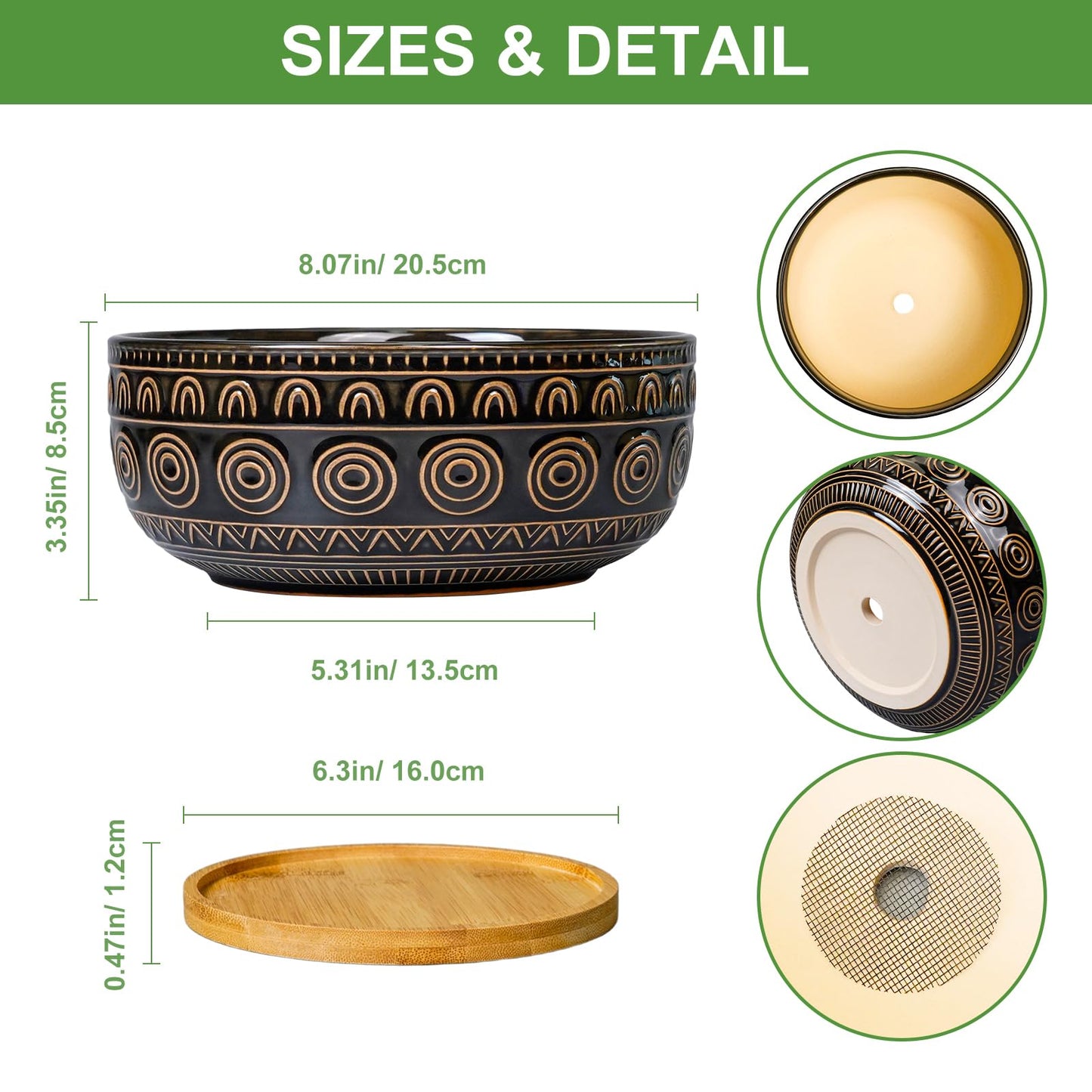 Eightpot Ceramic Bonsai Pots - 8 Inch Plant Pot for Succulent, Round Planter for Indoor Plants, Shallow Planters with Drainage Hole and Tray, Boho Bonsai Bowl, Living Room Decor, Black