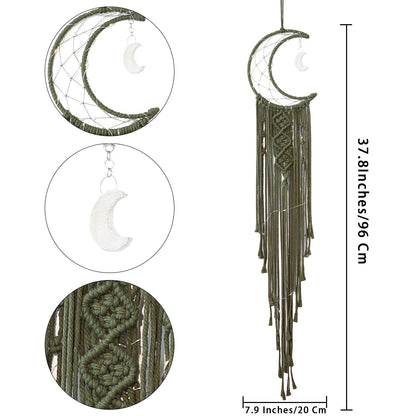 Boho Macrame Woven Wall Hanging for Kids, Crochet Crescent Moon Star Dream Catcher with Long Tasselt, Olive Cotton Handmade Bohemian Home Decor Decoration for Nursery Bedroom Dorm Room