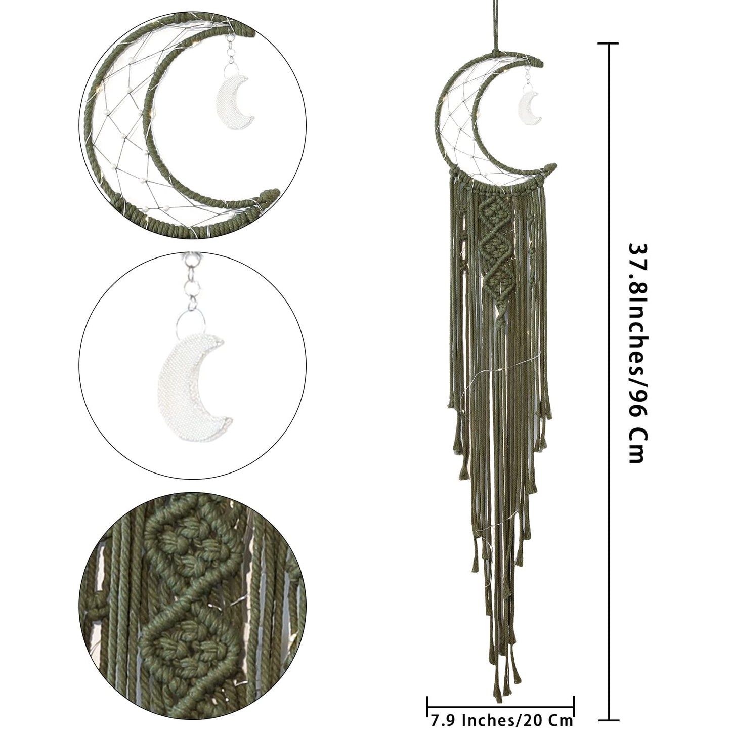 Boho Macrame Woven Wall Hanging for Kids, Crochet Crescent Moon Star Dream Catcher with Long Tasselt, Olive Cotton Handmade Bohemian Home Decor Decoration for Nursery Bedroom Dorm Room