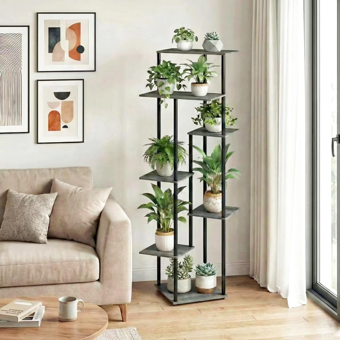 JEPRECO Tall Plant Stand Indoor 7-Tier Metal Wood Plant Shelf for Multiple Flower Pots Corner Flower Holders for Living Room Balcony Bedroom, Oak Grey