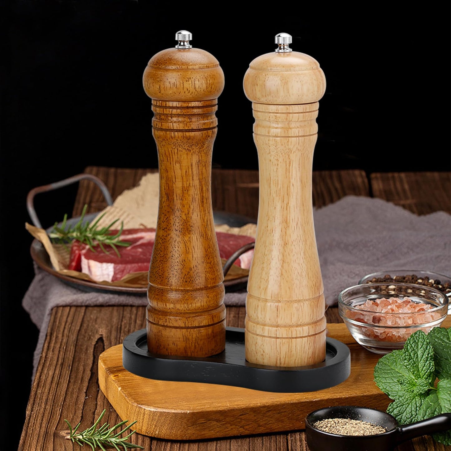 BINHAI Black Wooden Pepper Grinder Tray – Stylish Holder for Salt and Pepper Shakers – Countertop & Tabletop Protector for Kitchen & Dining (Mill Not Included)