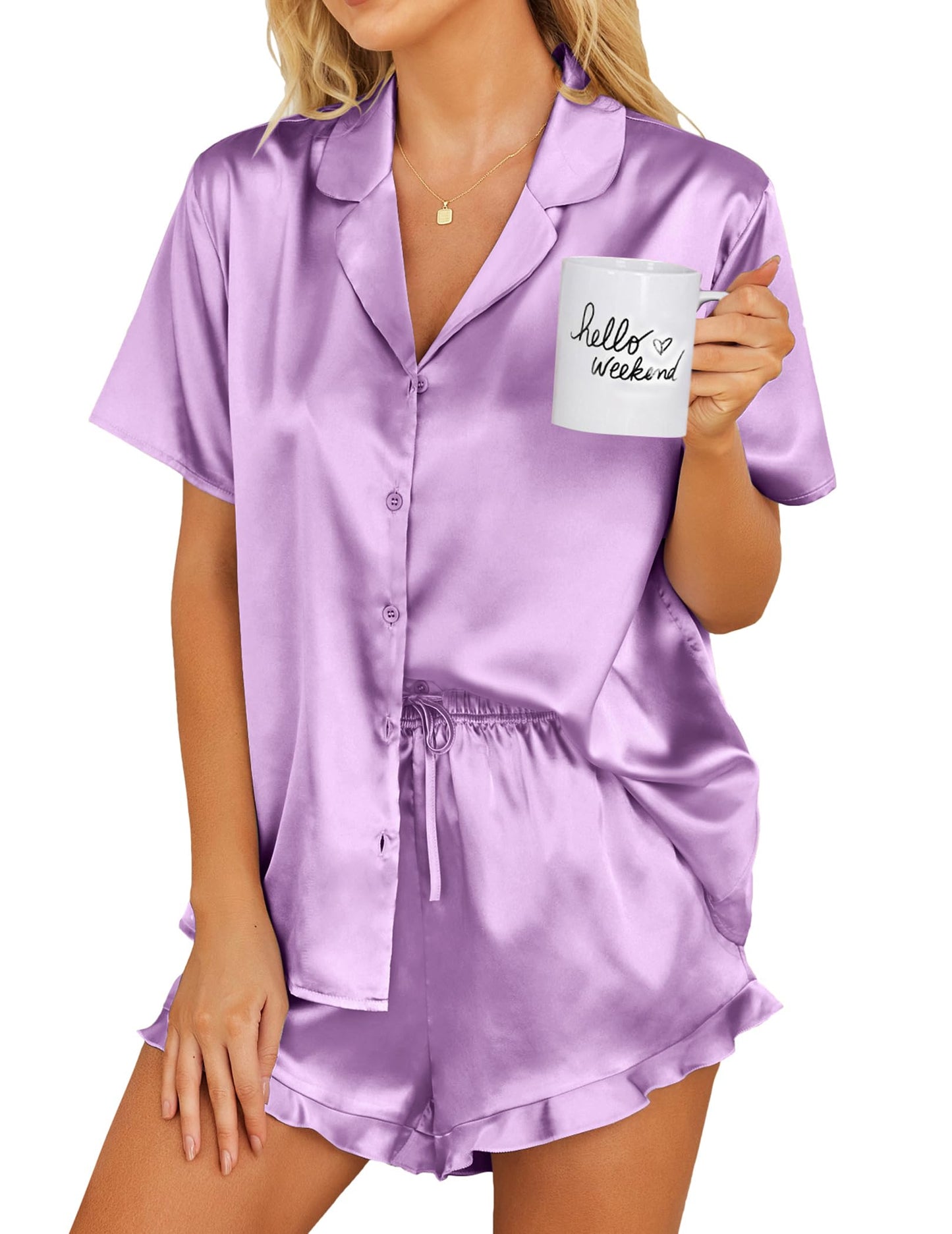 Ekouaer Womens Satin Pajamas Set Button Down 2 Piece Silk Pjs Shorts Set Ruffle Lingerie Notch Collar Sleepwear