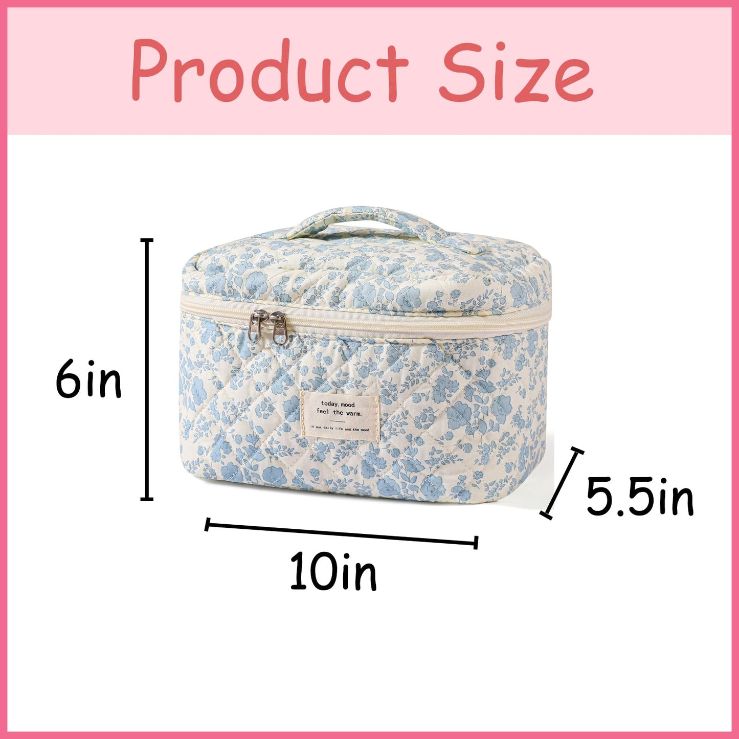 uekeboag Large Travel Quilted Makeup Bag for Women, Floral Cotton Cosmetic Bag, Coquette Aesthetic Floral Toiletry Organizer Bag (01Lithtblue-flower)