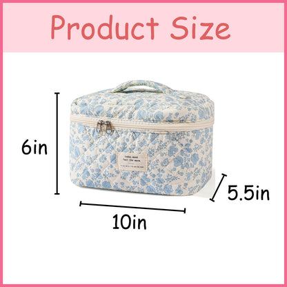 uekeboag Large Travel Quilted Makeup Bag for Women, Floral Cotton Cosmetic Bag, Coquette Aesthetic Floral Toiletry Organizer Bag (01Lithtblue-flower)