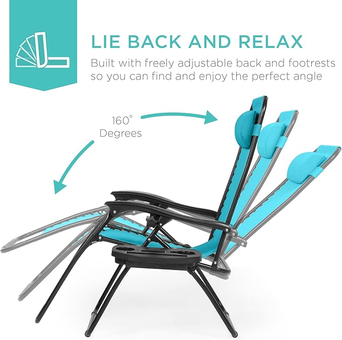 Best Choice Products Set of 2 Adjustable Steel Mesh Zero Gravity Lounge Chair Recliners w/Pillows and Cup Holder Trays - Peacock Blue
