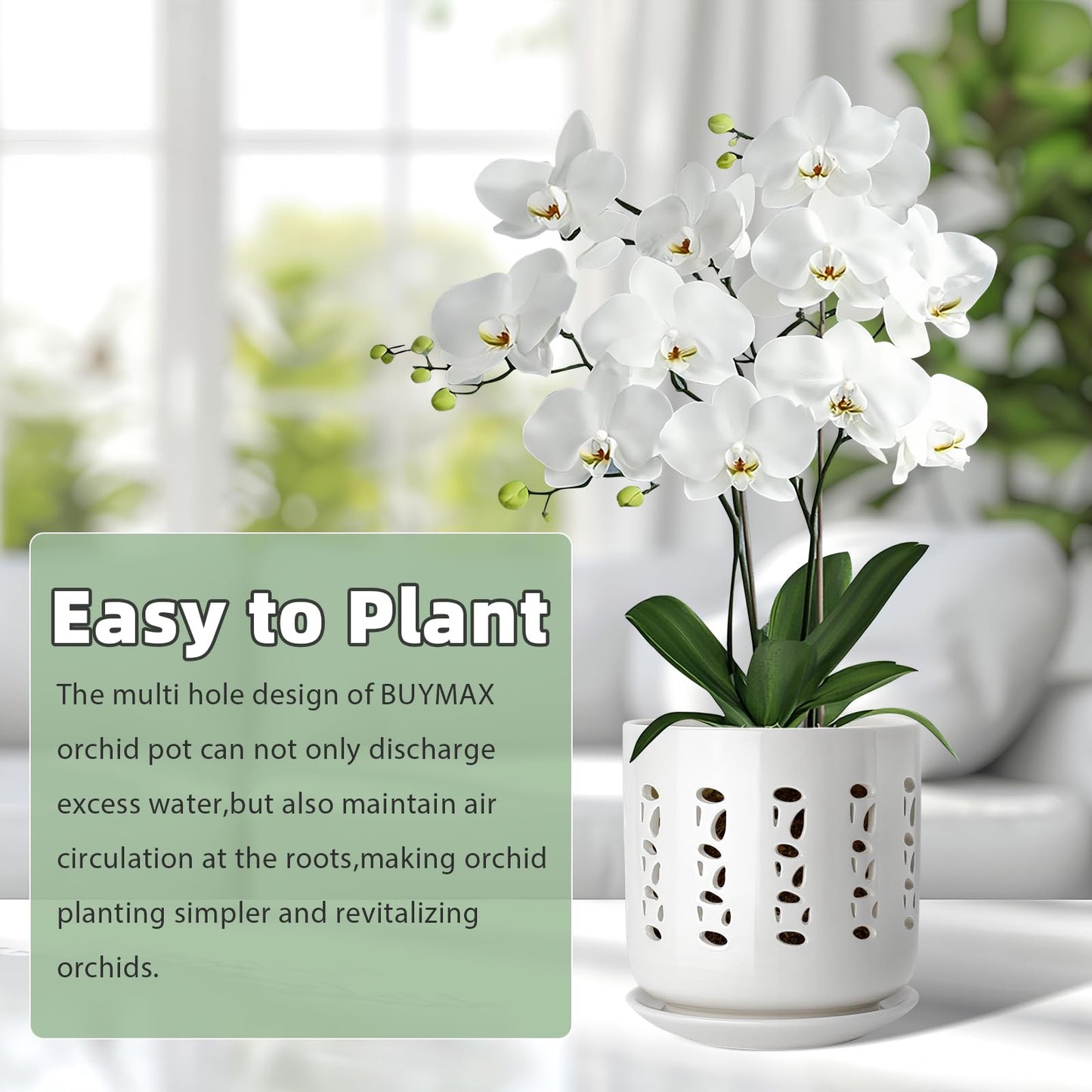 BUYMAX Ceramic Orchid Pots with Holes, 5 Inch+6 Inch Orchid Planter with Drainage Holes and Tray, Indoor Flower Pot for Repotting Orchids, Elegant White Glaze