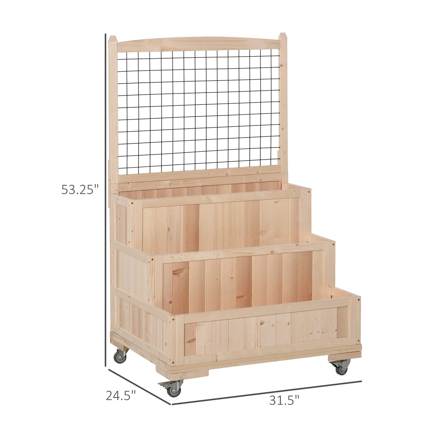 Outsunny 3-Tiers Raised Garden Bed with Trellis, 53" H Vertical Planter Box with Wheels & Back Storage Area, for Flowers, Vegetables, Herbs, Natural