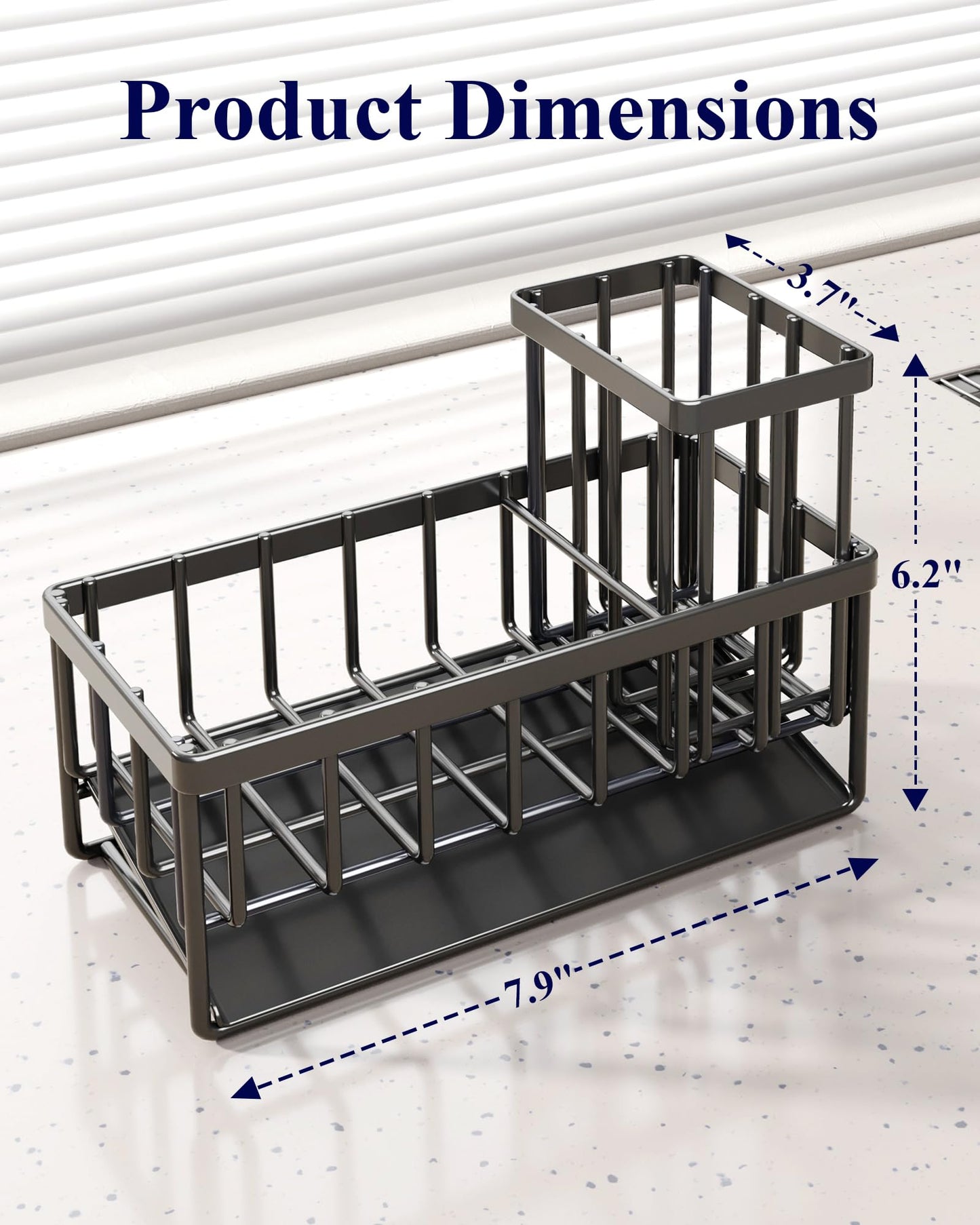 Kitsure Sponge Holder for Kitchen Sink - Rustproof Stainless Steel Sink Caddy Organization and Storage Essentials with High Brush Holder, Home Decor Accessories, 7.9" x 3.7" x 6.2", Black