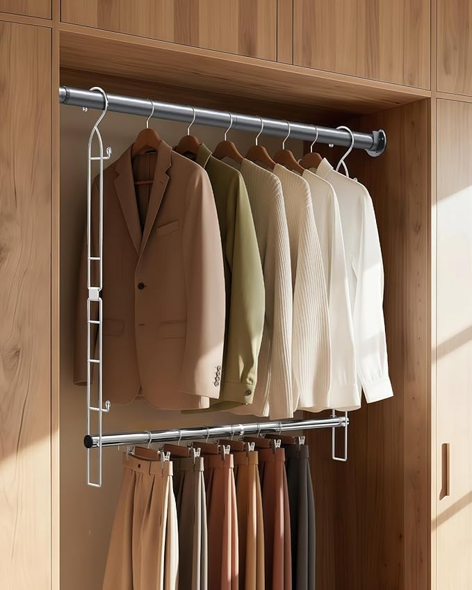 Hanging Closet Rod Stainless Steel, 1 Pack Adjustable Height & Width Closet Rod