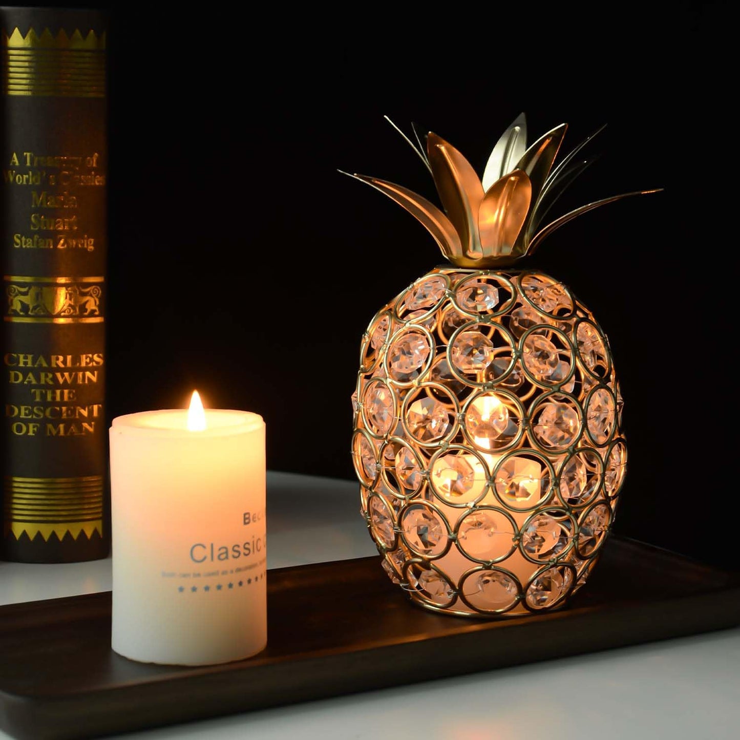 Kehail Set of 3 Elegance Crystal Metal Pineapple Pear Table Centerpiece Handmade Crystal Candlestick Hollow Fruit Ornament Home Party Wedding Holiday Decoration (Gold, Set of 3)
