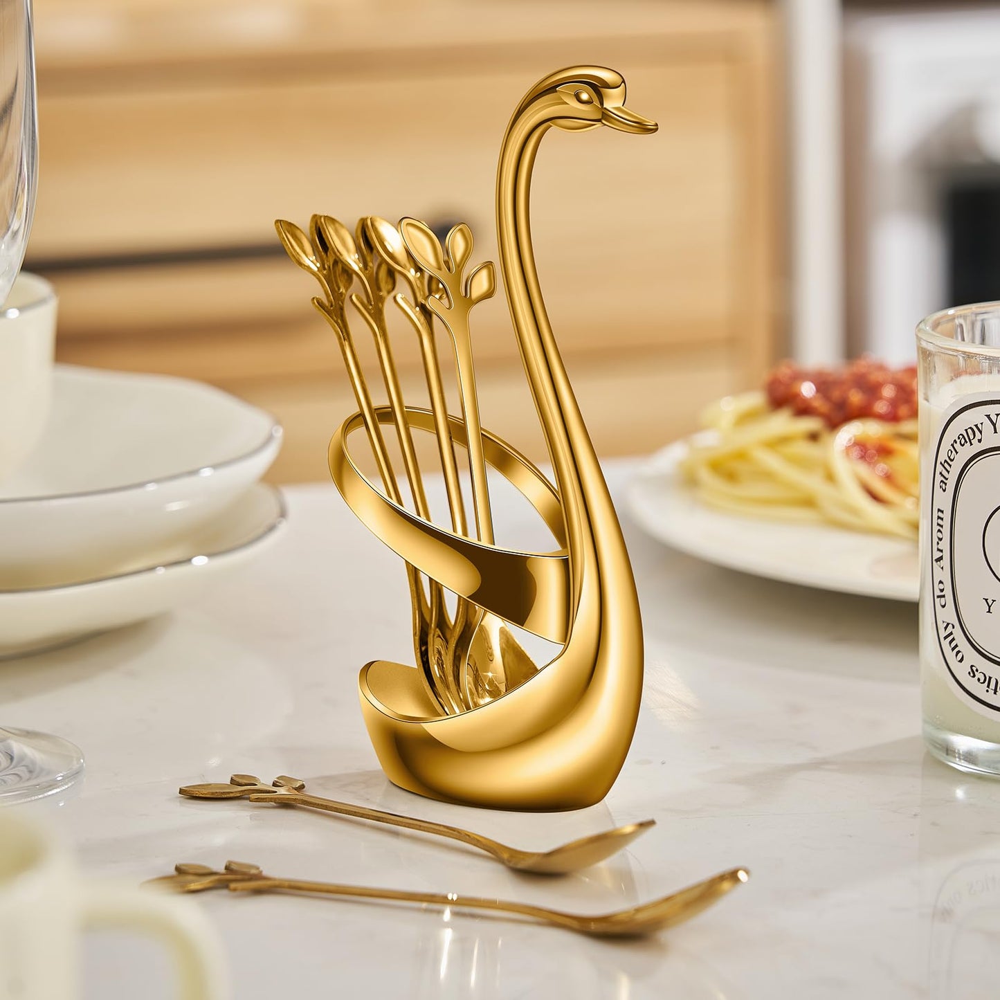 AnSaw Gold Swan Base With 10-Pcs Mini Leaf Coffee Spoon Holder Set - 4.7"