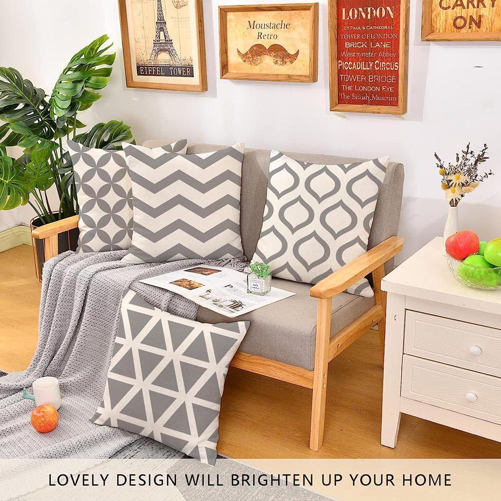 Hangood Waterproof Cushion Covers Outdoor Garden Geometry Set of 4pcs Throw Pillow Case Home Decorative Sofa Protectors Chair Living Room Grey 20"x20"