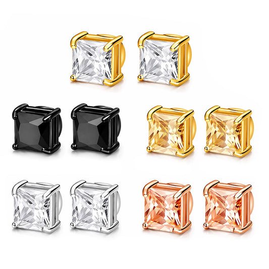 BEFOSHINN Magnetic Stud Earrings for Men and Women, No Piercing Needed, 5 Pairs 316L Stainless Steel CZ Clip On Ear Studs, 8mm Fake Earrings for Non Pierced Ears, Silver Black Gold Rose Gold (5PCS-8MM)