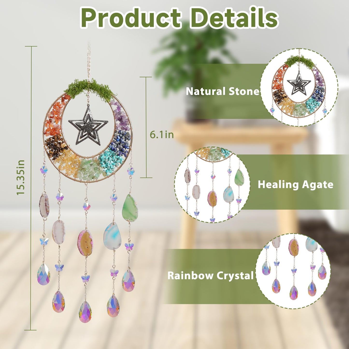 Agate Dream Catcher - Dreamsum Green 7 Chakra Tree of Life Dream Catcher with Rainbow Crystal Stones Handmade Gold Dreamcatcher Wall Decor for Adults Boys Girls, Bedroom, Wedding, Garden, Bless Gift