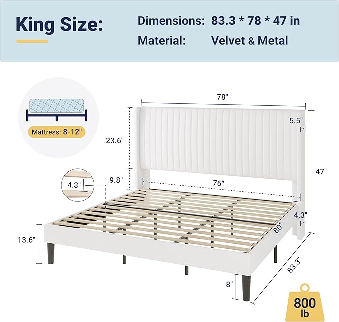 Allewie King Size Velvet Bed Frame/Vertical Channel Tufted Wingback