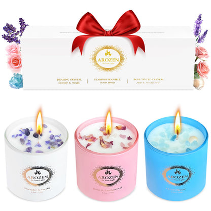 AROZEN 3 Pack Scented Candles Gift Set for Women – Lavender, Ocean, Rose Soy Candles with Crystals & Seashells, 70-Hour Total Burn Time, Aromatherapy Candle Set for Home Decor, Mother’s Day Birthday