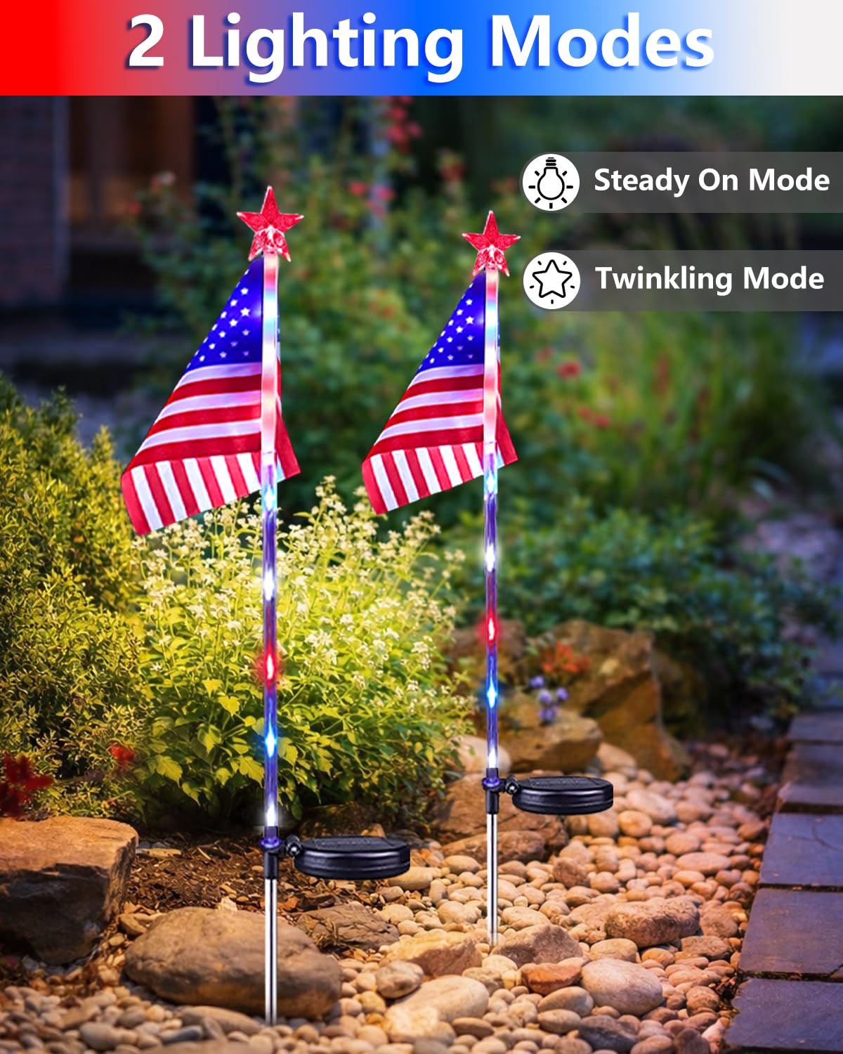 8 Pack American Flag Solar Lights Outdoor, 4th of July Decorations Red White and Blue Star Lights, 2 Modes Waterproof Solar Patriotic Lights for 250th Anniversary Independence Memorial Day Garden Yard