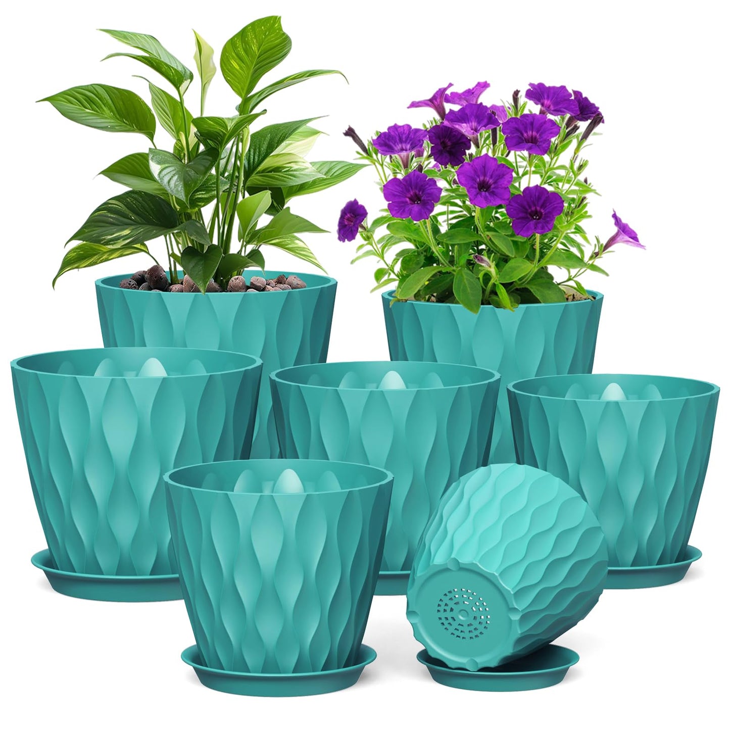 Meowell 7/6.5/6/5.5/5/4.5/4 inch Plant Pots for Indoor Outdoor Plants, 7 Pack Thick Flower Pots with Drainage Holes and Saucers, Modern Wave Texture Small Plastic Planters Nursery Pots, Blue Green